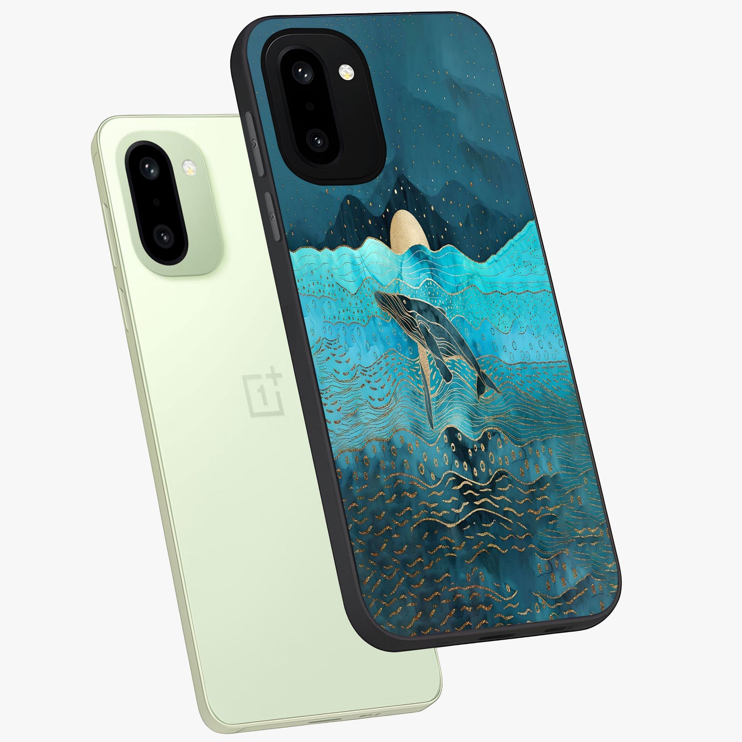 Celestial Whale Voyage Glass Case for 1+15R angled mockup showcasing glossy finish and deep celestial tones