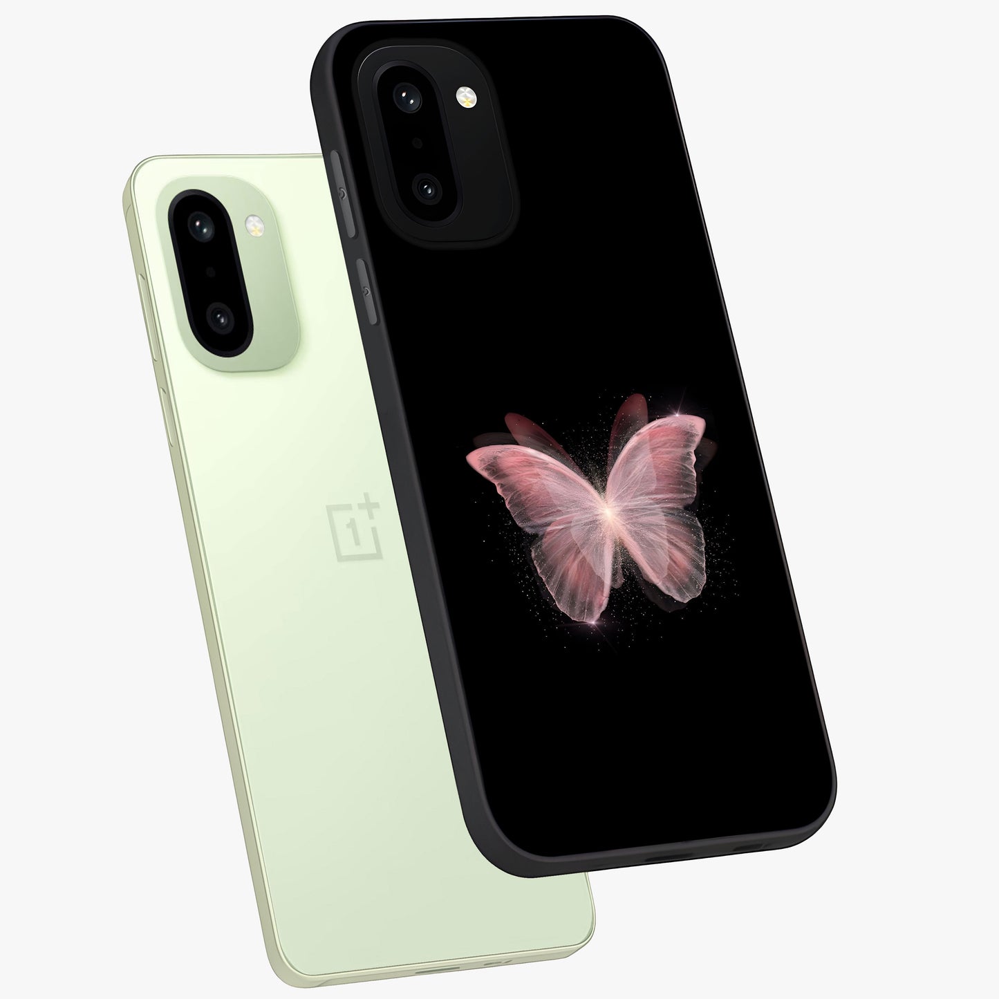 Celestial Wings Butterfly Glass Case for 1+15R angled mockup showcasing glossy finish and luminous wing detailing