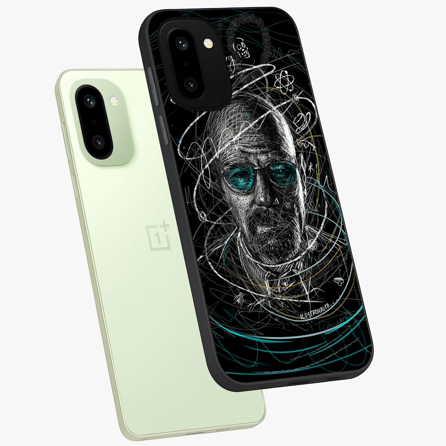 Chaotic Mind Genius Glass Case for 1+15R angled mockup showcasing glossy finish and edgy artistic design