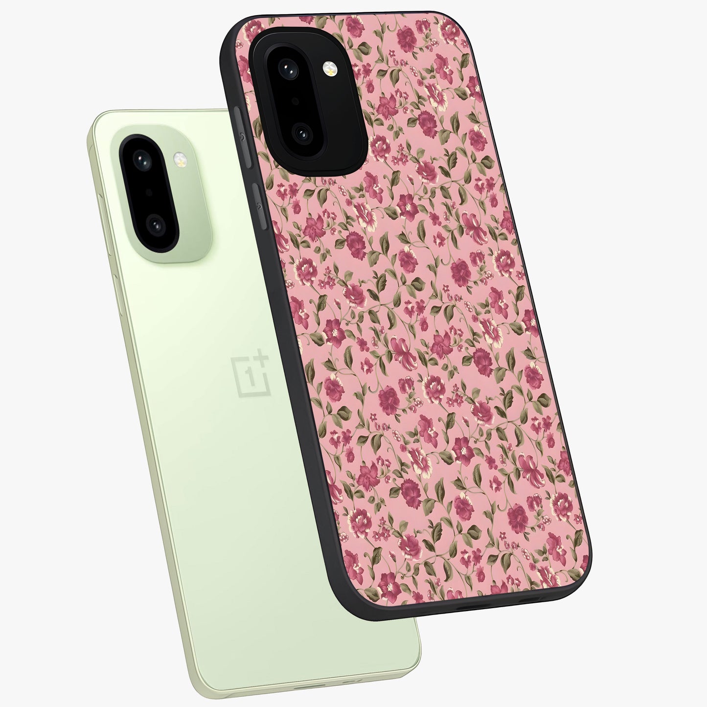 Charming Pink Floral Glass Case for 1+15R angled mockup showcasing glossy finish and elegant bloom detailing