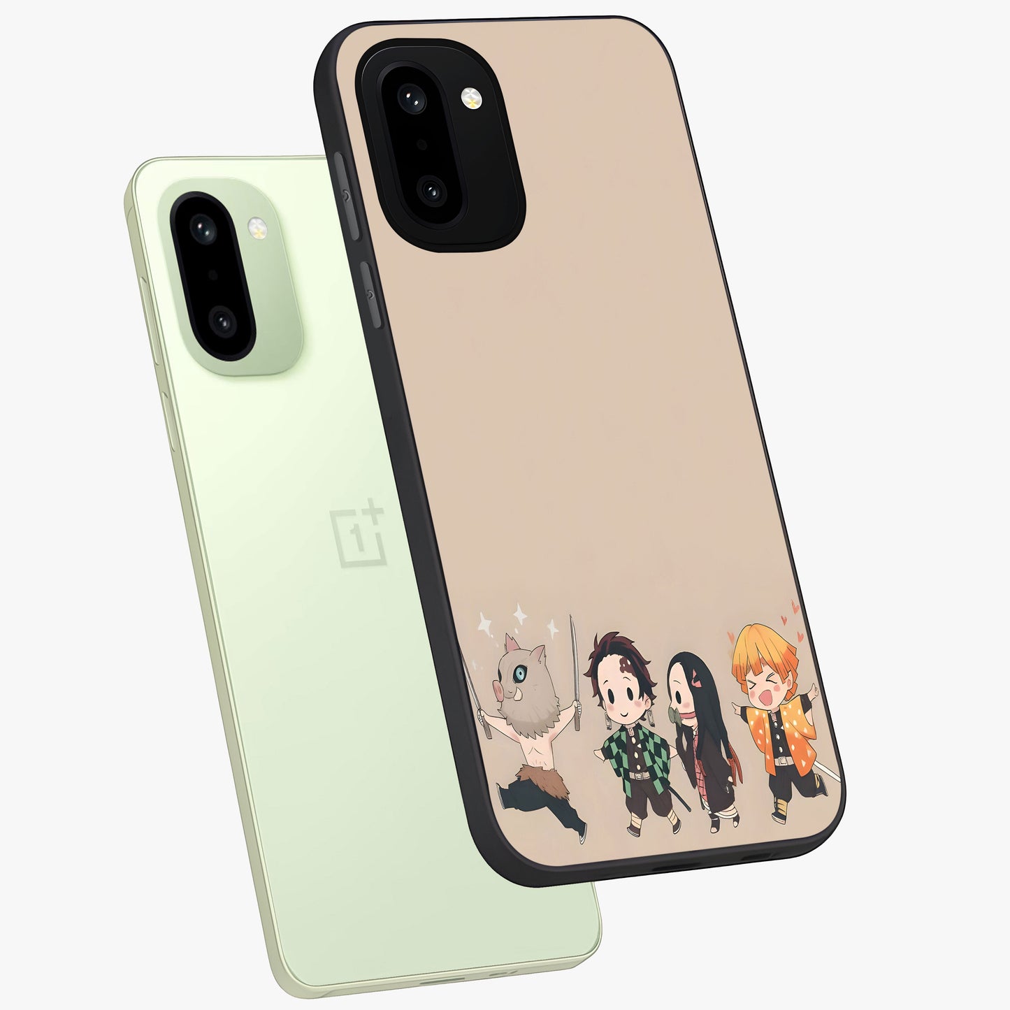 Chibi Demon Squad Glass Case for 1+15R angled mockup showcasing glossy finish and vibrant anime inspired design