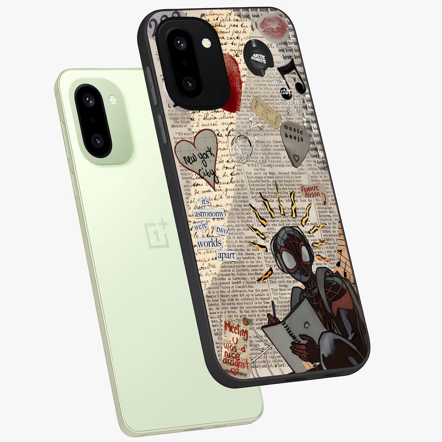 City Dream Sketch Glass Case for 1+15R captured at a warm angle highlighting urban line details, gloss, and edge clarity.