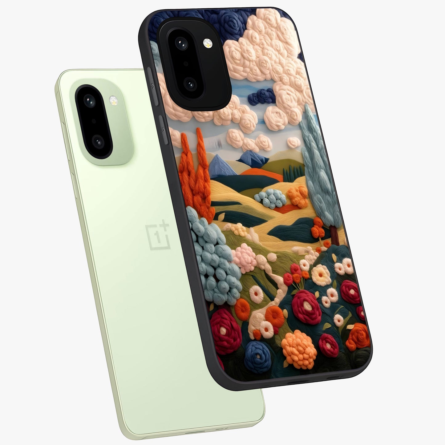 Cloud Cotton Meadows Printed Glass Case for 1+15R angled mockup showcasing glossy glass finish and airy pastel design