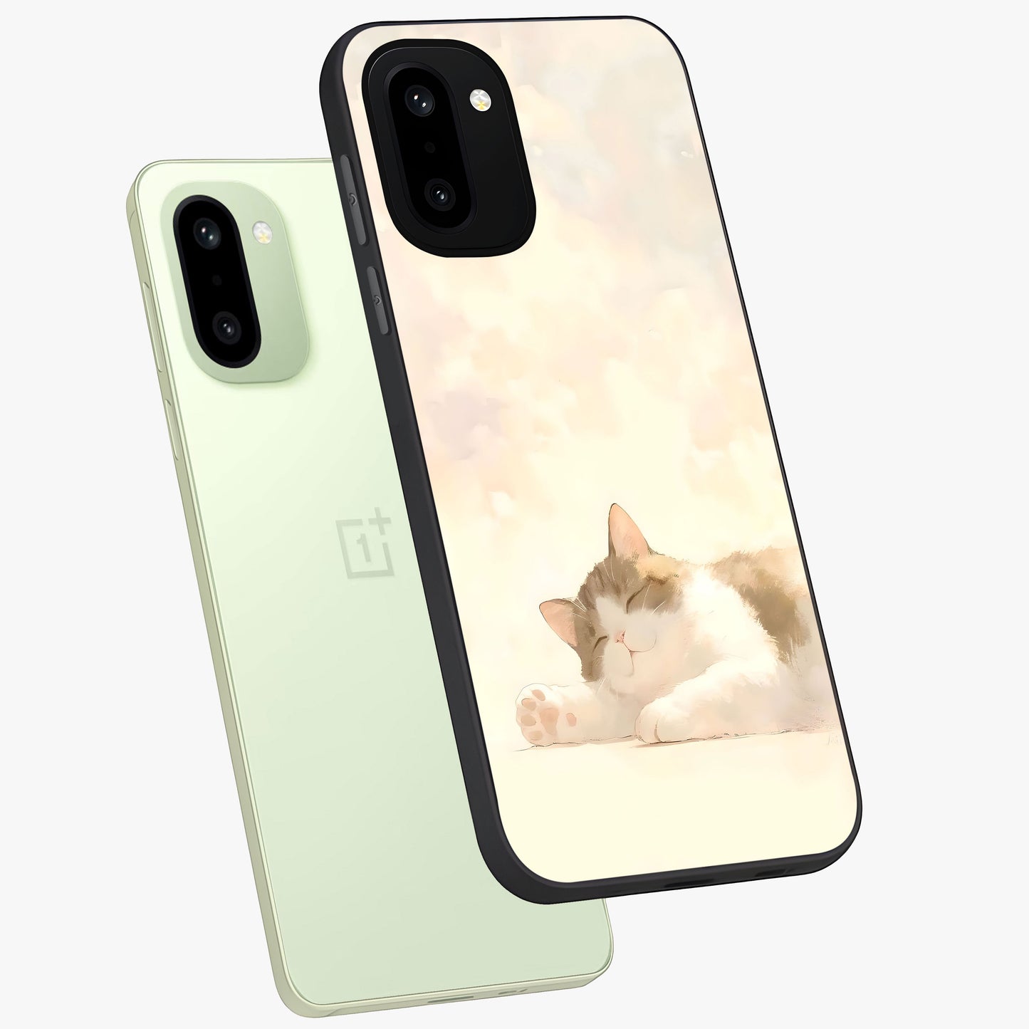 Cloud Nap Cat Glass Case for 1+15R angled mockup showcasing glossy finish and cozy pastel tones