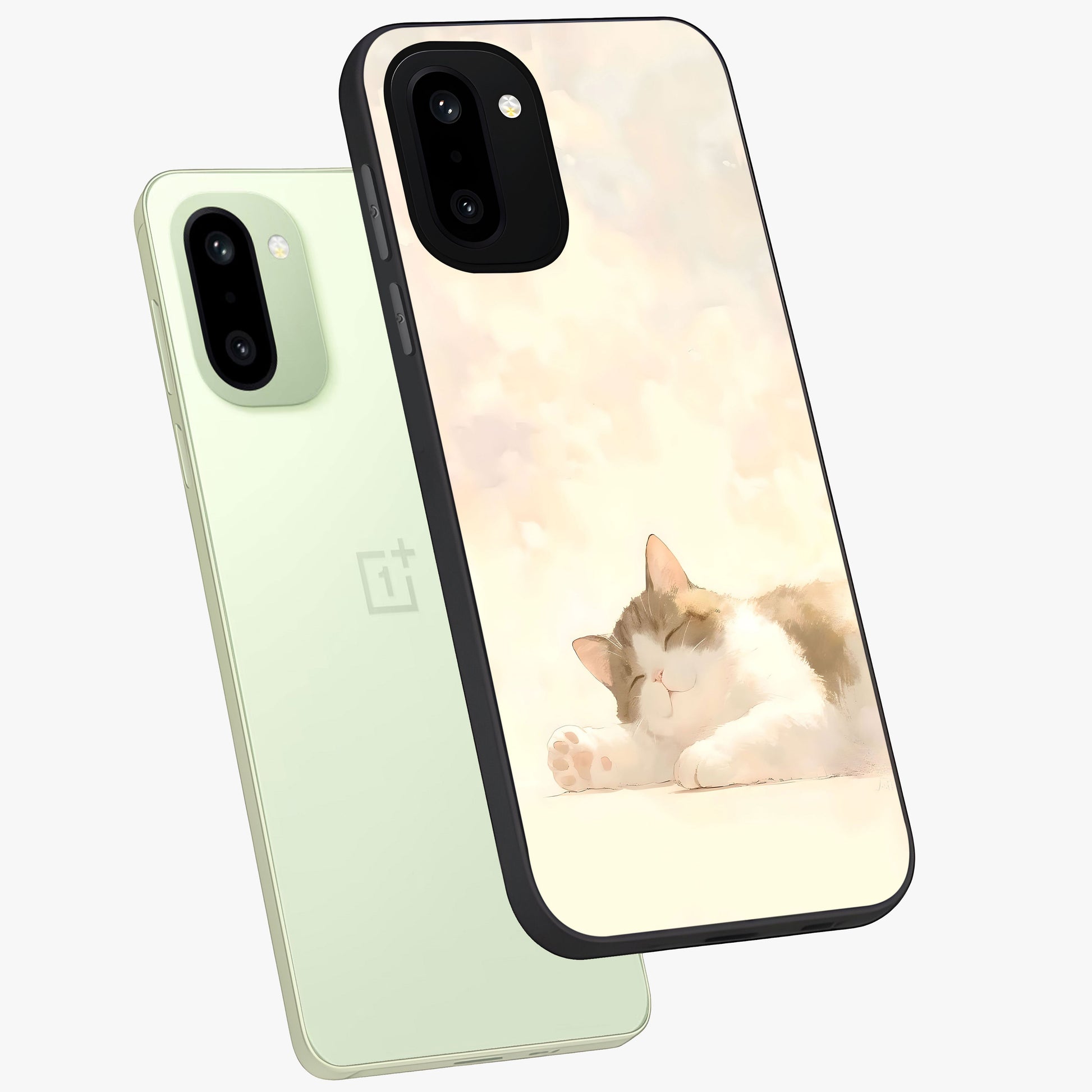 Cloud Nap Cat Glass Case for 1+15R angled mockup showcasing glossy finish and cozy pastel tones