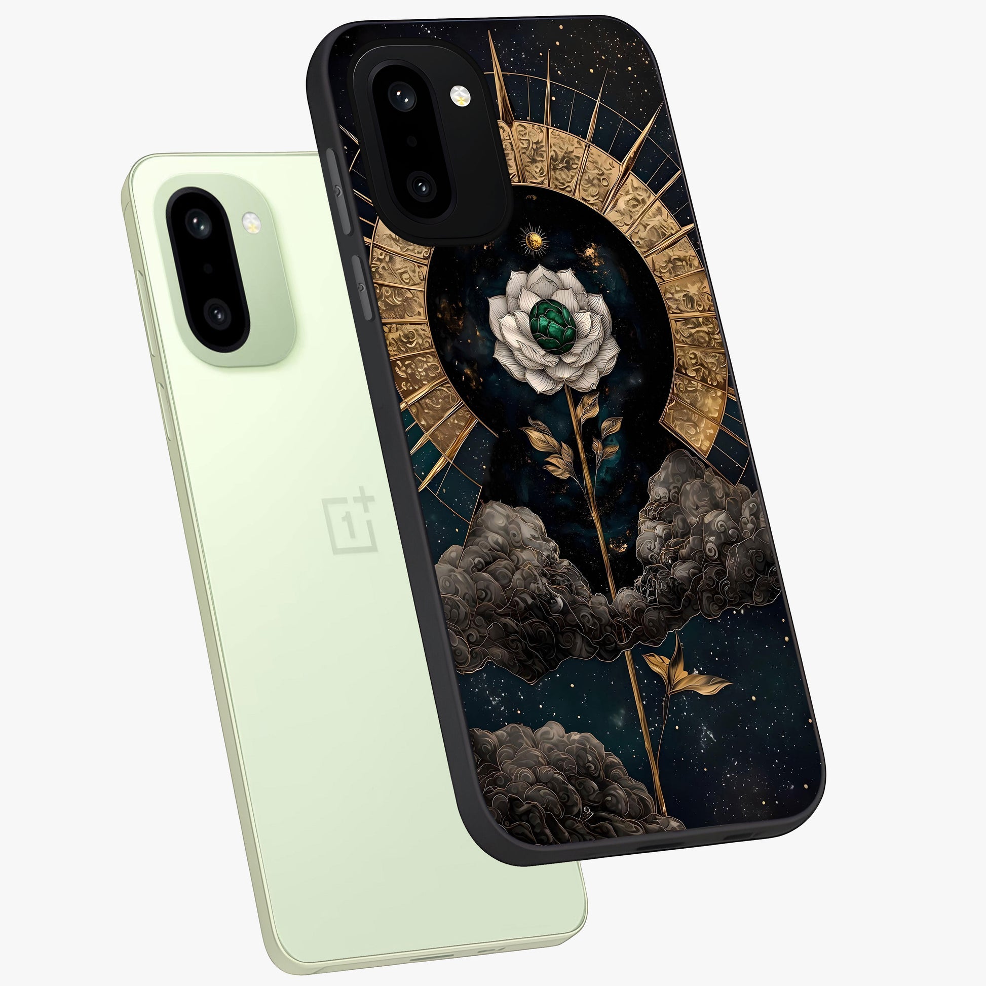 Cosmic Bloom Rose Glass Case for 1+15R angled mockup showcasing glossy finish and vibrant celestial floral tones
