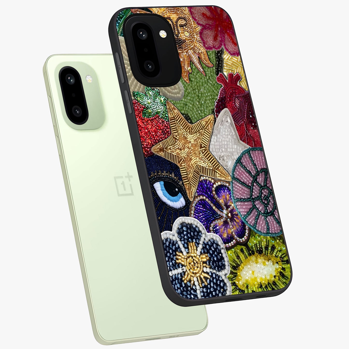 Cosmic Charm Shine Glass Case for 1+15R angled mockup showcasing glossy finish and sparkling cosmic tones