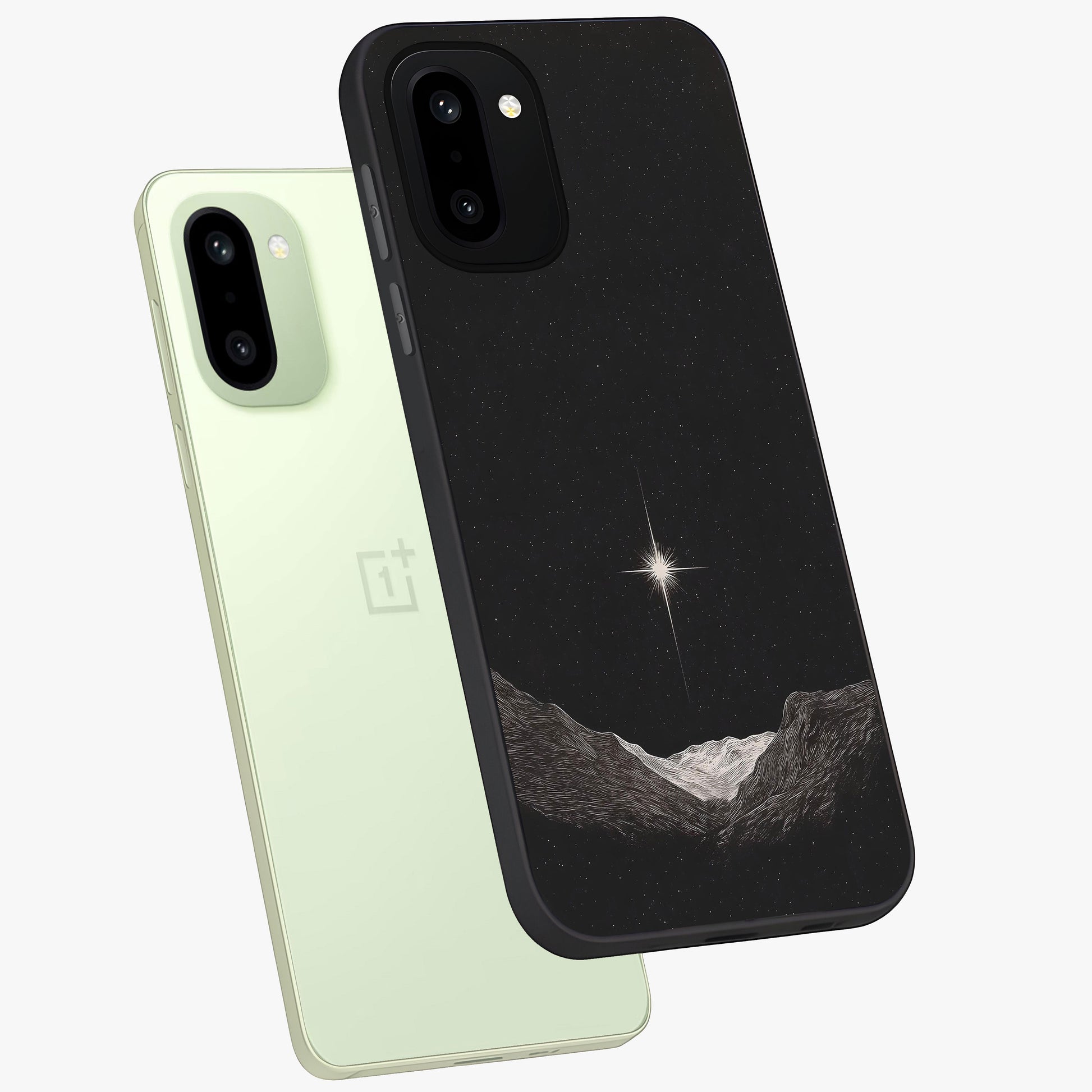 Cosmic Dream Night Glass Case for 1+15R angled mockup showcasing glossy finish and rich midnight gradients