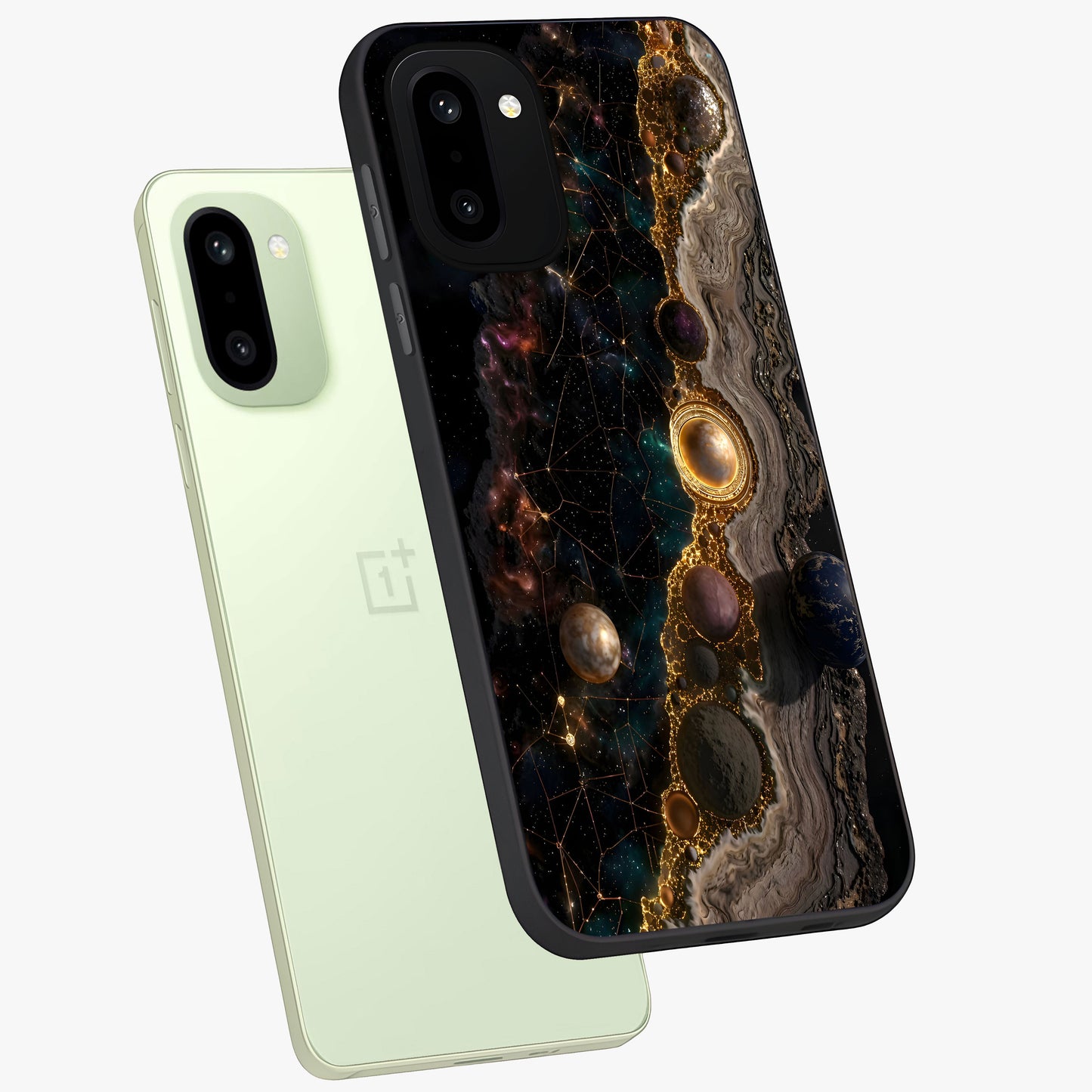Cosmic Gold Path Glass Case for 1+15R angled mockup showcasing glossy finish and radiant gold accents