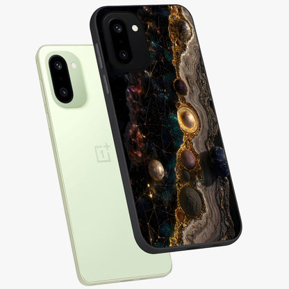 Cosmic Gold Path Glass Case for 1+15R angled mockup showcasing glossy finish and radiant gold accents