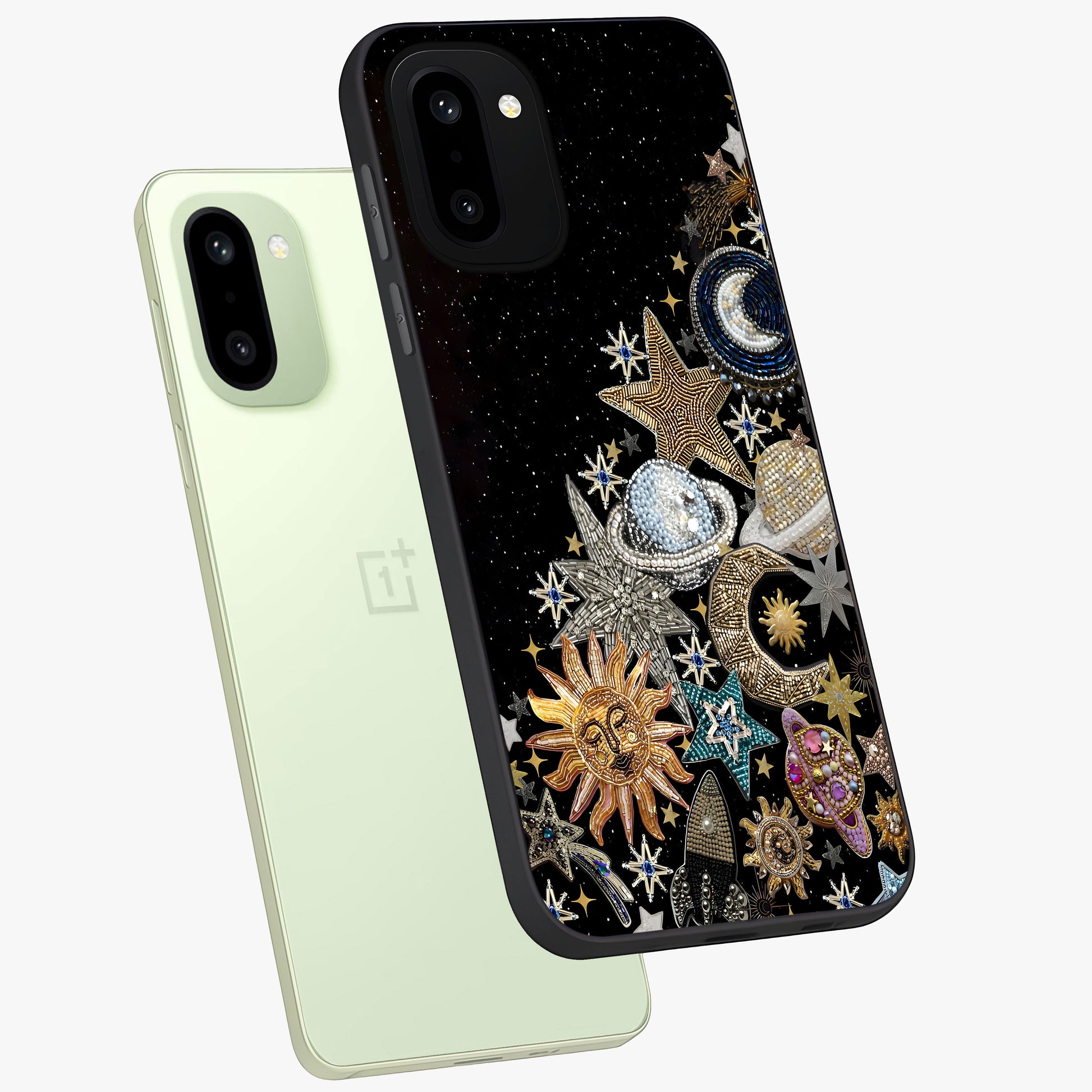 Cosmic Sparkle Dreams Glass Case for 1+15R angled mockup showcasing glossy finish and vibrant celestial glow