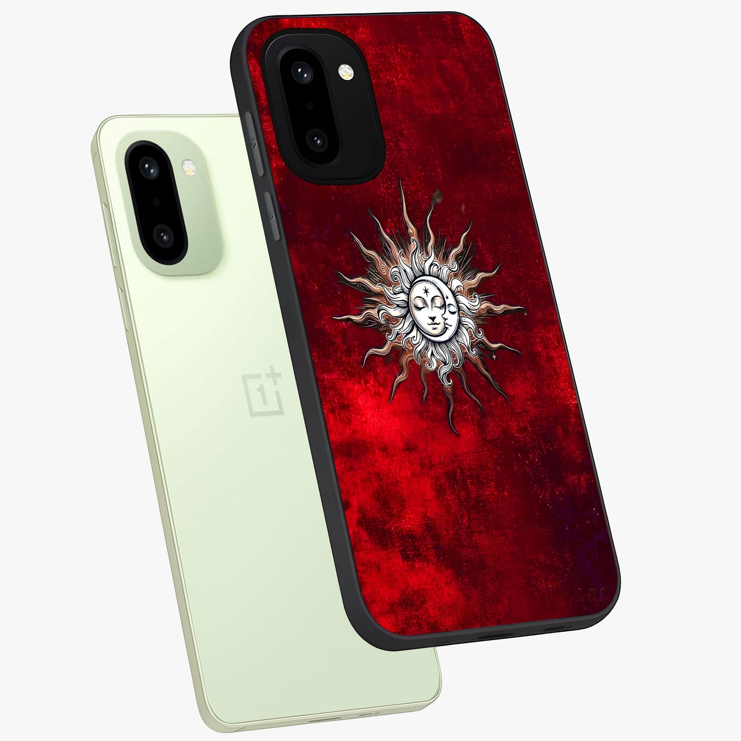 Cosmic Twin Eclipse Glass Case for 1+15R angled mockup showcasing glossy finish and bold celestial contrast