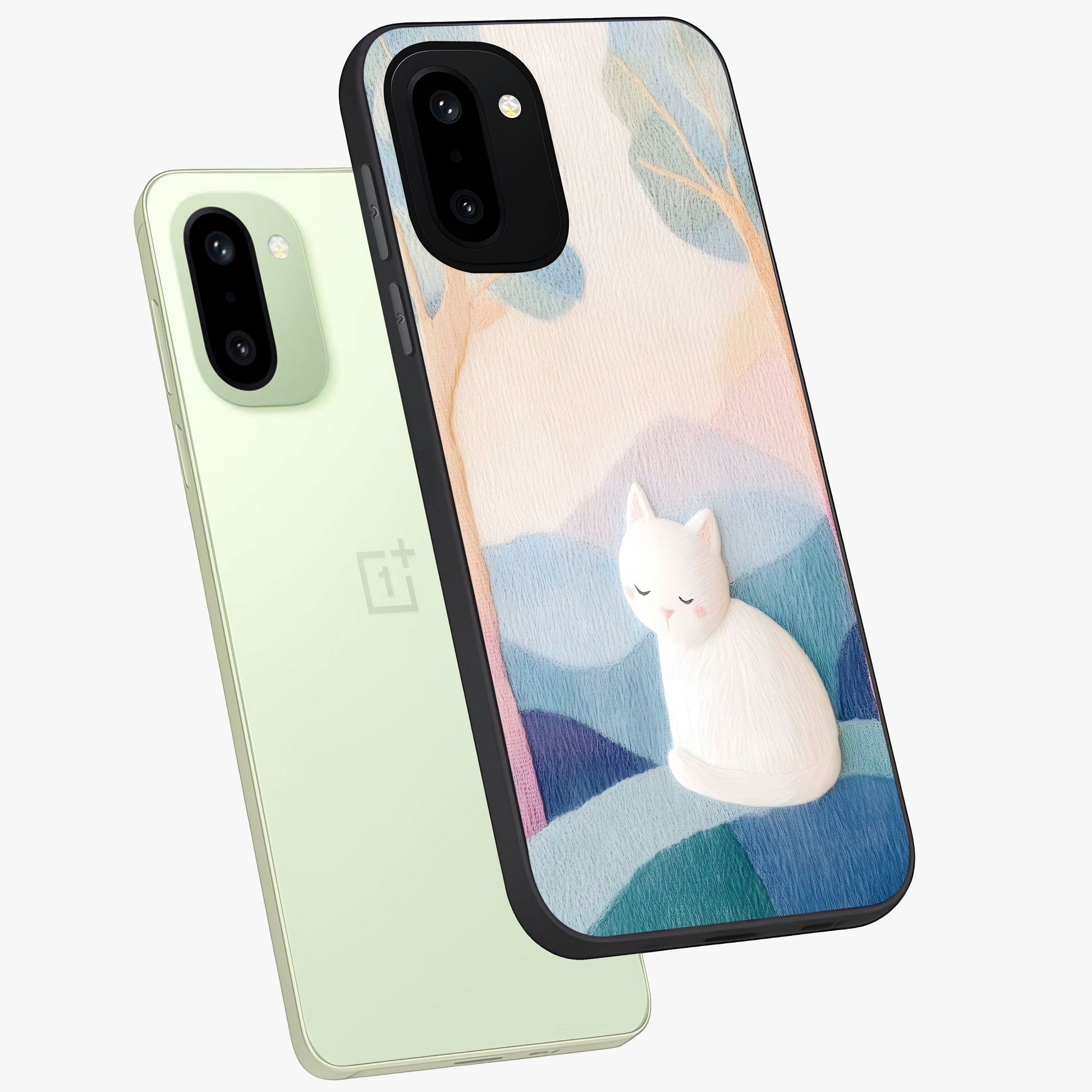 Cotton Dream Cat Glass Case for 1+15R angled mockup showcasing glossy glass finish and cozy aesthetic design