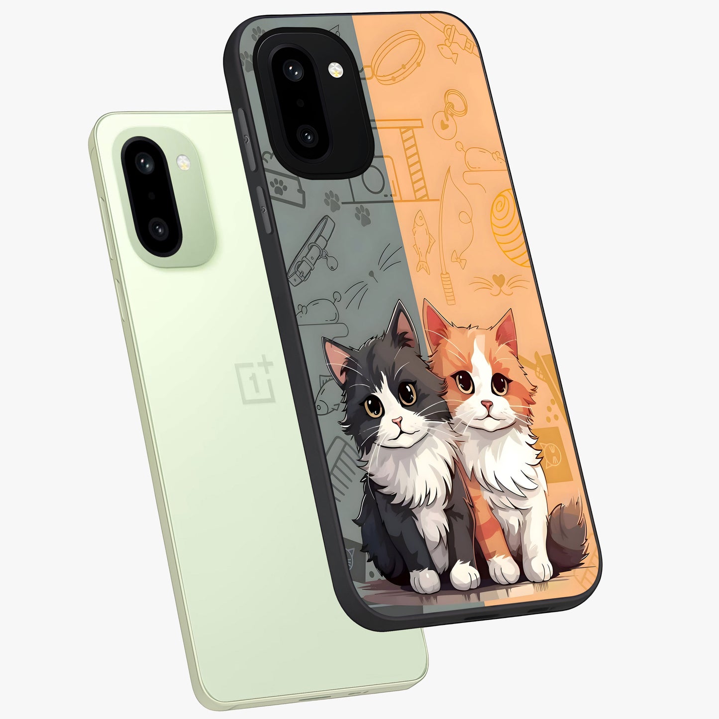Cozy Cat Duo Glass Case for 1+15R angled mockup showcasing glossy finish and charming pastel tones