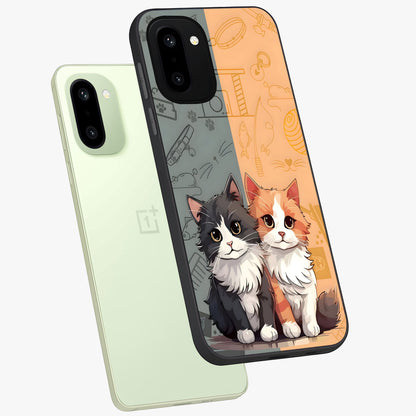 Cozy Cat Duo Glass Case for 1+15R angled mockup showcasing glossy finish and charming pastel tones