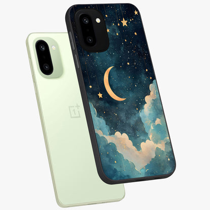 Crescent Galaxy Moon Glass Case for 1+15R angled mockup showcasing glossy finish and glowing galaxy tones
