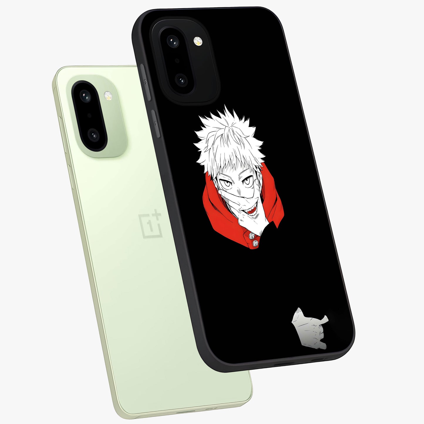 Crimson Chaos Smile Glass Case for 1+15R angled mockup showcasing glossy finish and dramatic red detailing