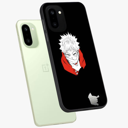 Crimson Chaos Smile Glass Case for 1+15R angled mockup showcasing glossy finish and dramatic red detailing