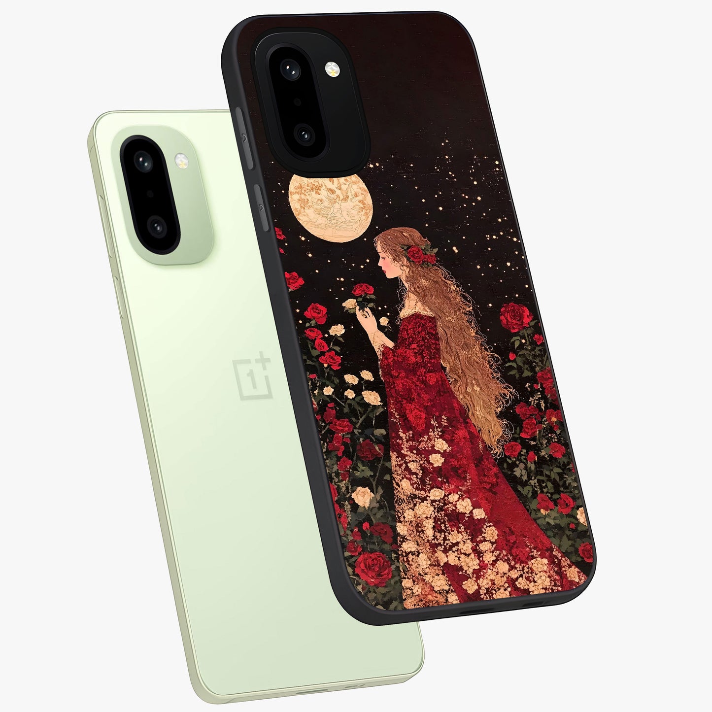 Crimson Dreams Glass Case for 1+15R angled mockup showcasing glossy finish and deep crimson gradients