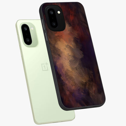 Crimson Dusk Whirl Glass Case for 1+15R angled mockup showcasing glossy finish and bold abstract motion design