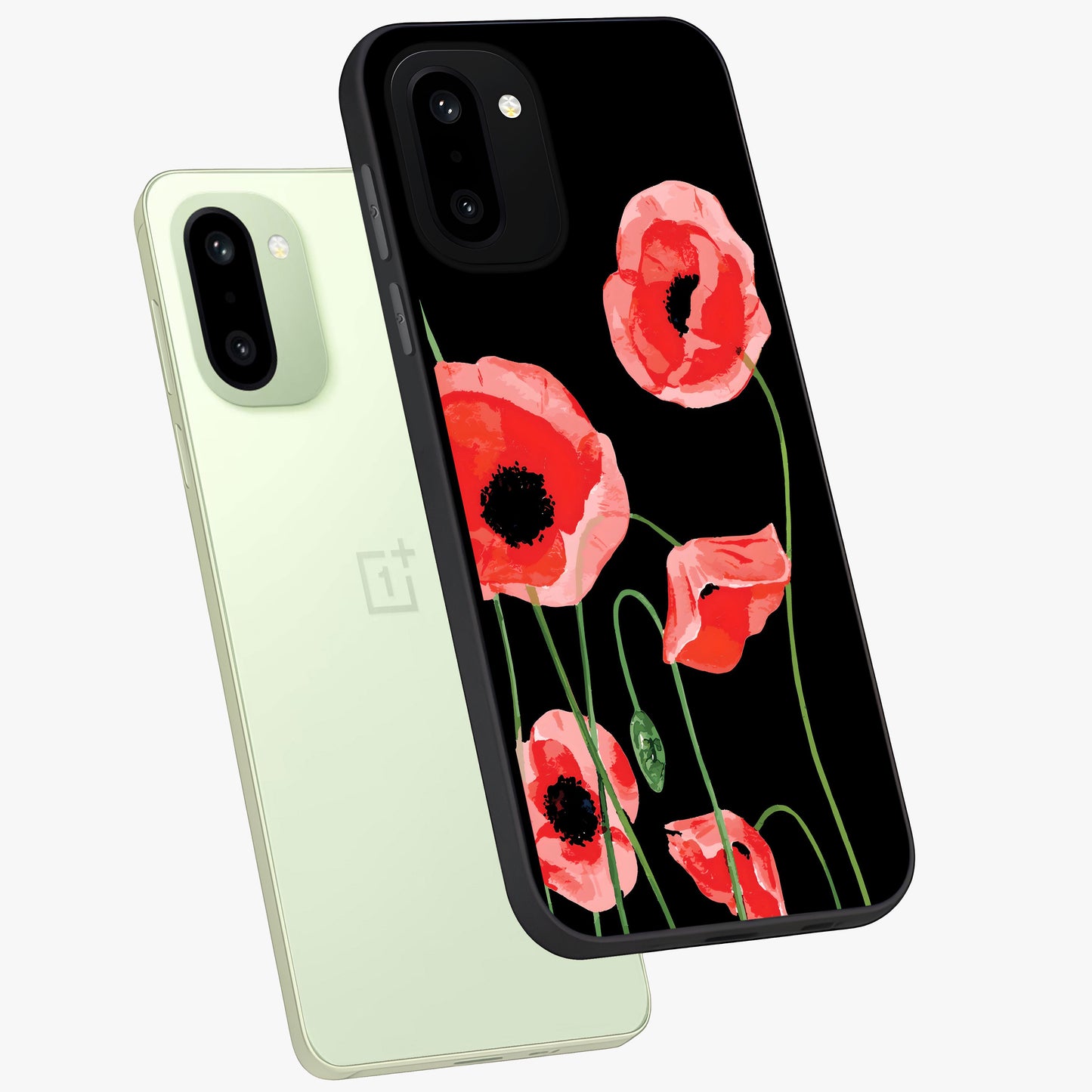 Crimson Garden Dream Glass Case for 1+15R angled mockup showcasing glossy finish and vibrant bloom detailing