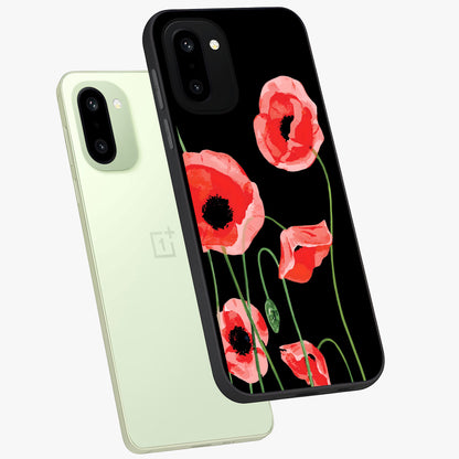 Crimson Garden Dream Glass Case for 1+15R angled mockup showcasing glossy finish and vibrant bloom detailing