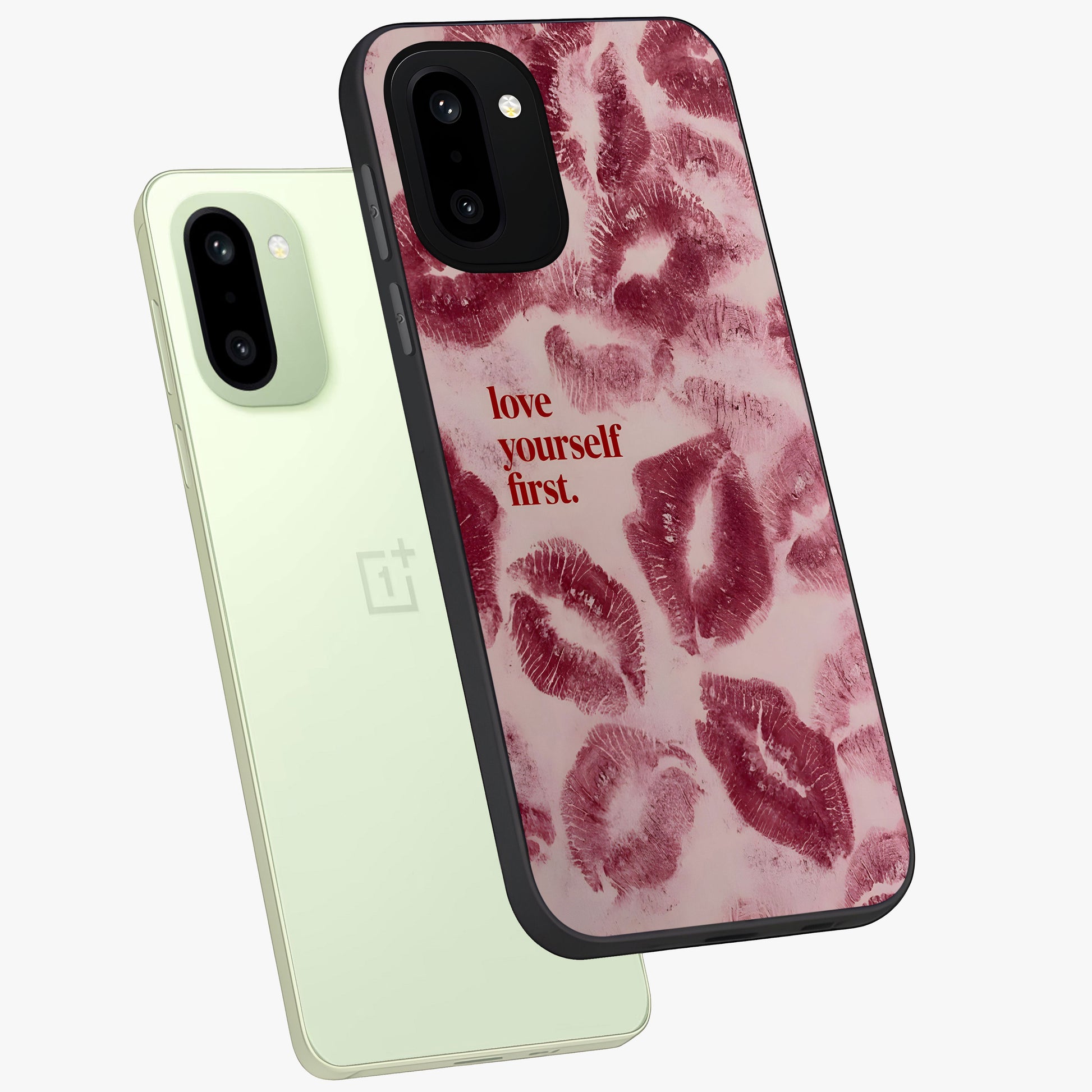 Crimson Kiss Love Glass Case for 1+15R angled mockup showcasing glossy glass finish and rich red tones