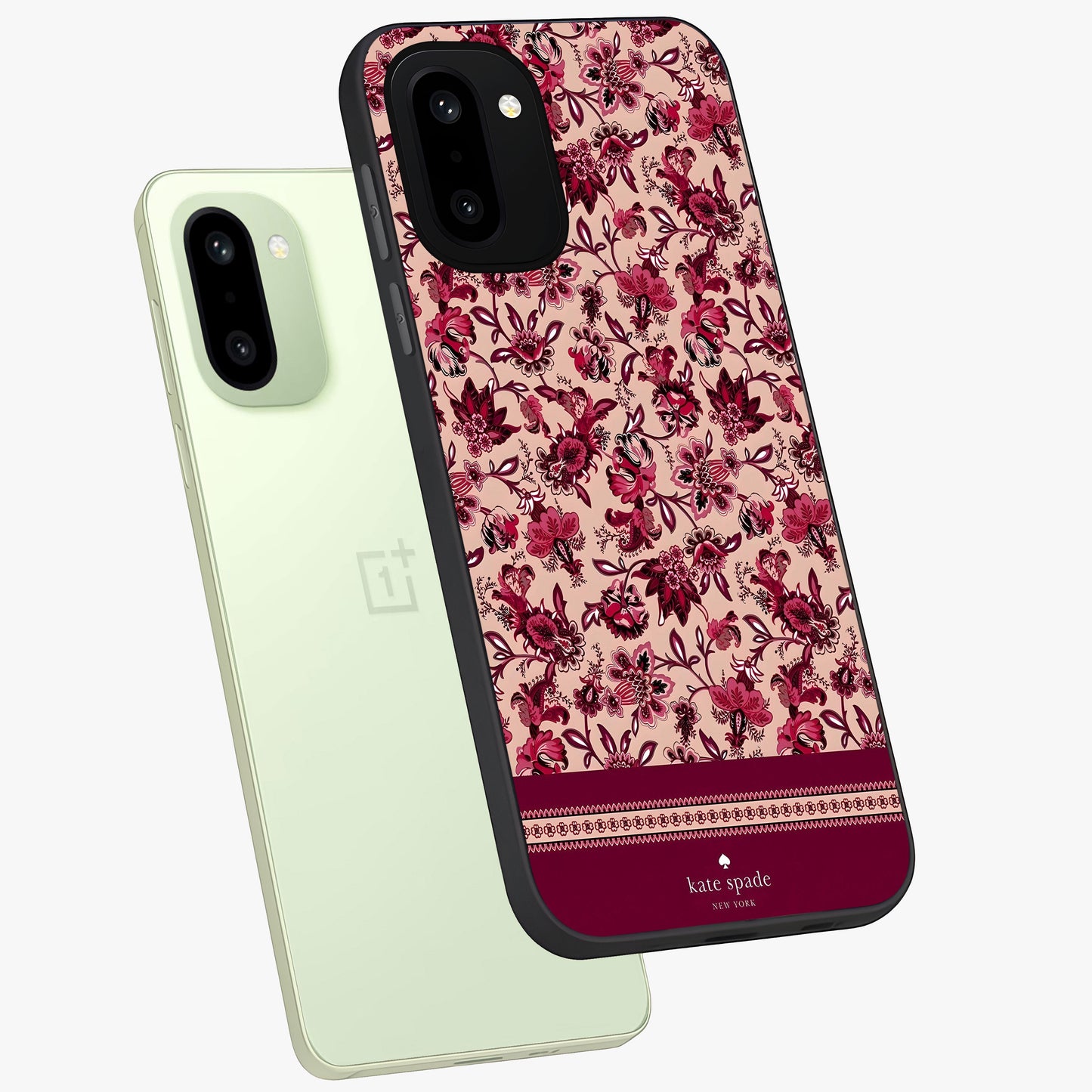 Crimson Rose Charm Glass Case for 1+15R angled mockup showcasing glossy finish and romantic floral detailing