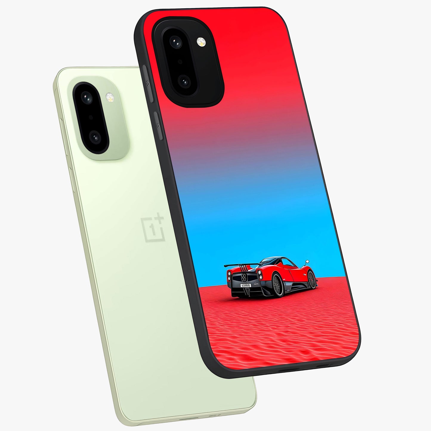 Crimson Speed Mirage Glass Case for 1+15R angled mockup showcasing glossy finish and dynamic speed detailing