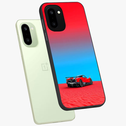 Crimson Speed Mirage Glass Case for 1+15R angled mockup showcasing glossy finish and dynamic speed detailing