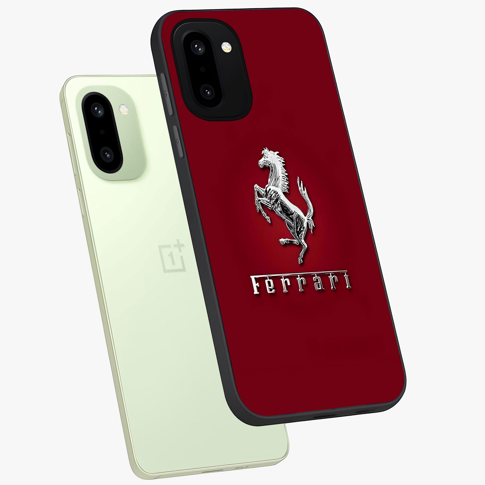 Crimson Stallion Prestige Glass Case for 1+15R angled mockup showcasing glossy finish and bold equestrian detailing