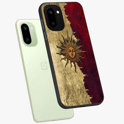 Crimson Sun Majesty Glass Case for 1+15R angled mockup showcasing glossy finish and majestic celestial tones