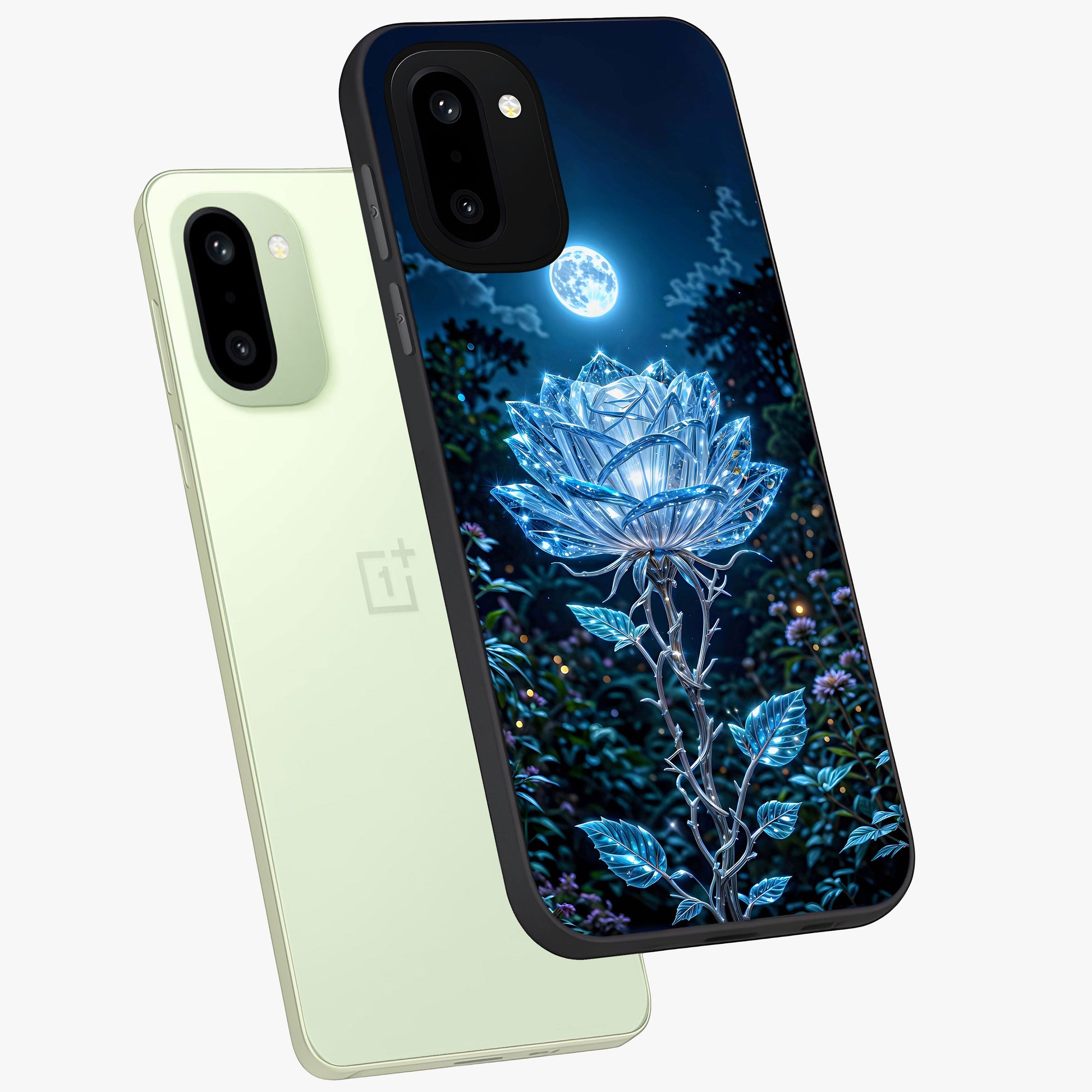 Crystal Moon Lotus Glass Case for 1+15R angled mockup showcasing glossy glass finish and luminous floral detailing
