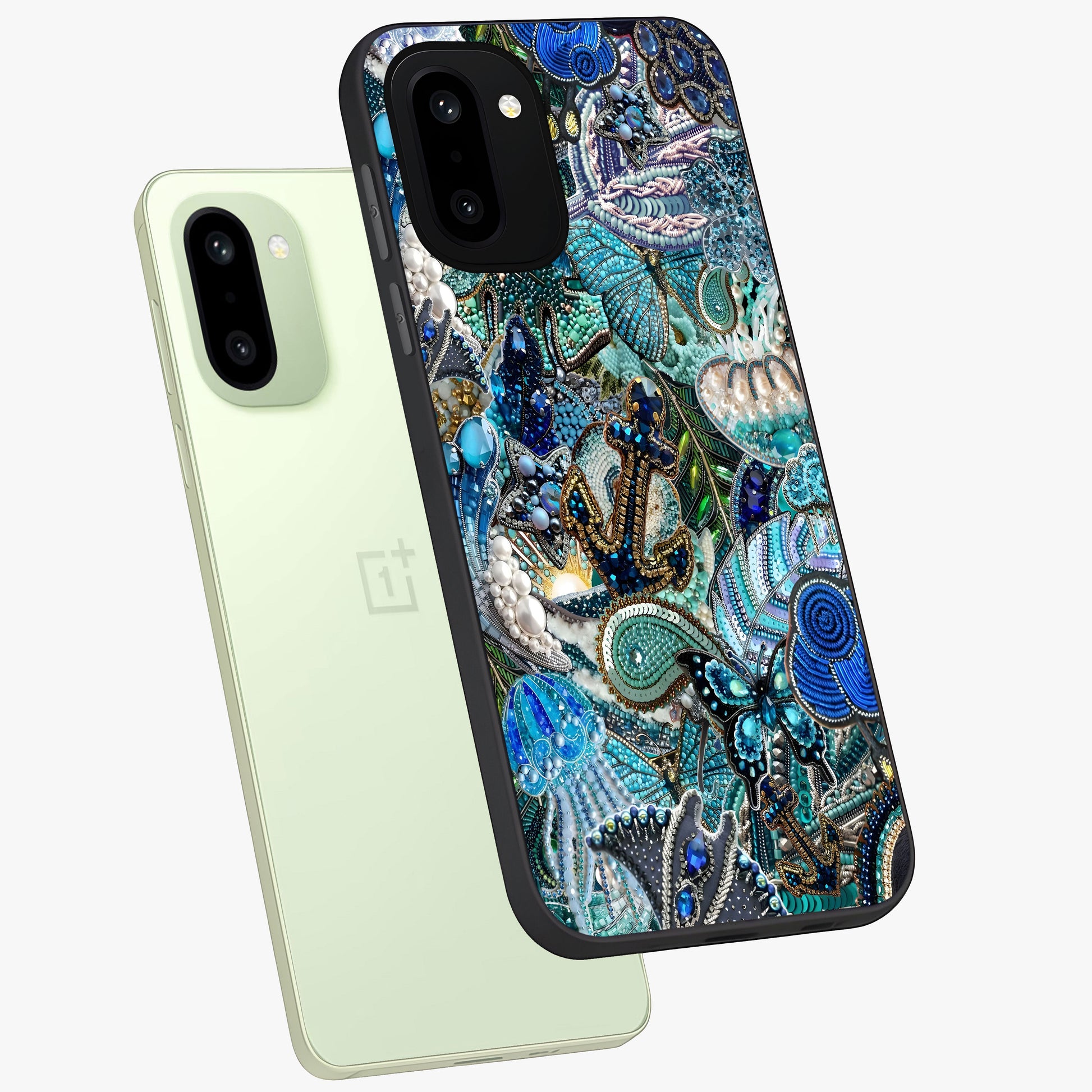 Crystal Ocean Magic Glass Case for 1+15R angled mockup showcasing glossy finish and flowing aqua tones