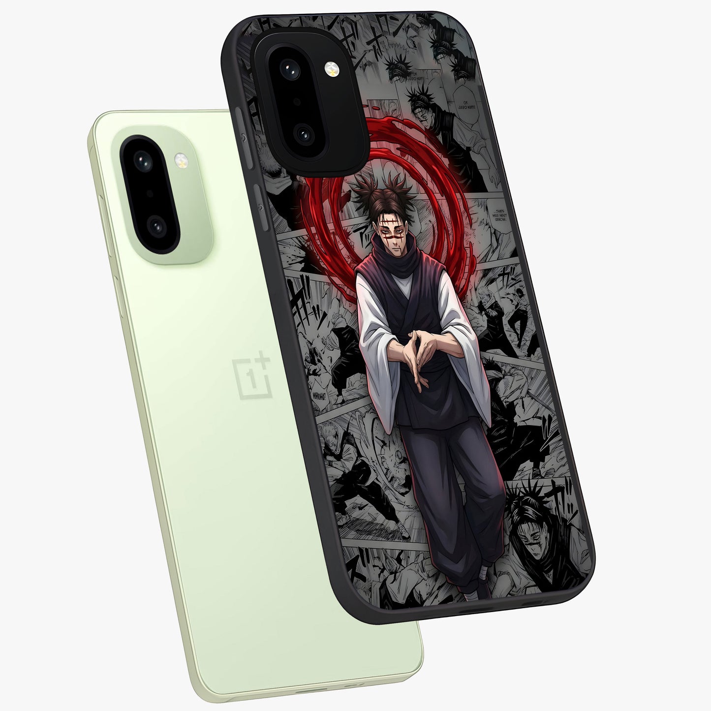 Cursed Ritual Ascension Glass Case for 1+15R angled mockup showcasing glossy finish and intense gothic detailing