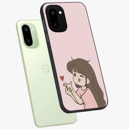 Cute Kiss Heart Glass Case for 1+15R angled mockup showcasing glossy finish and soft pastel tones