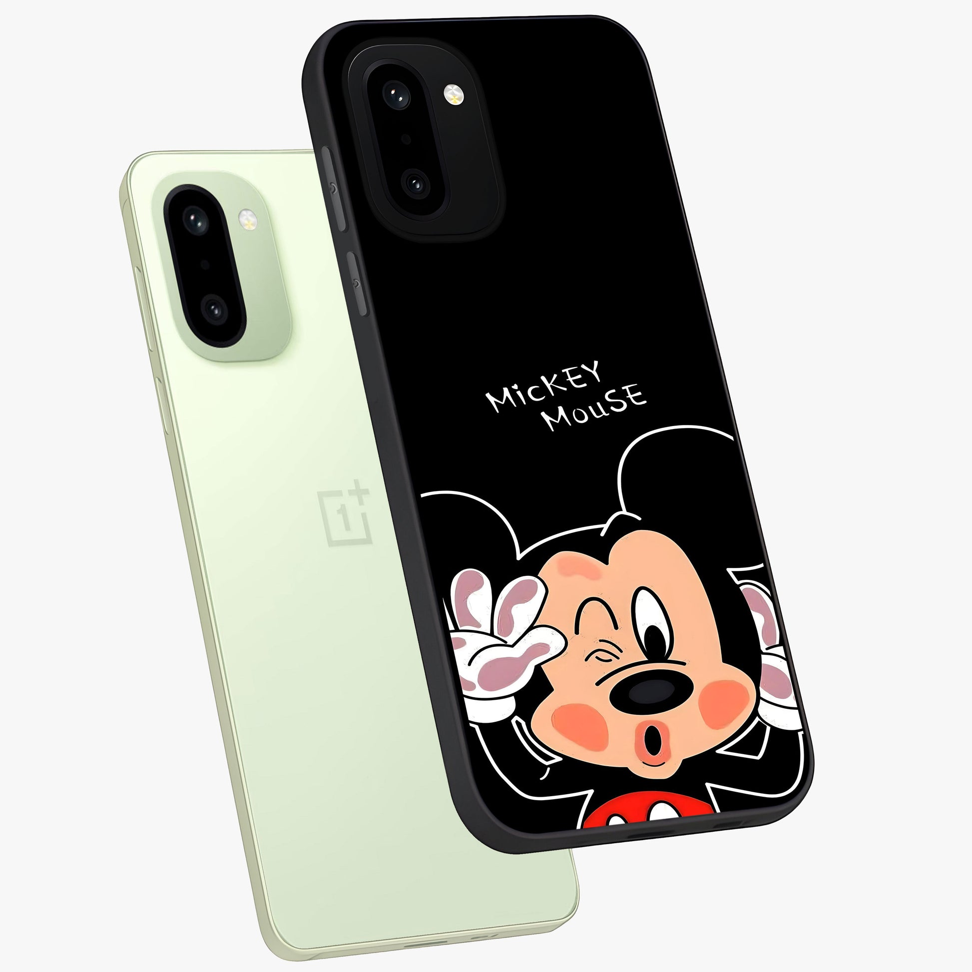Cute Mickey Love Glass Case for 1+15R angled mockup showcasing glossy finish and vibrant character detailing