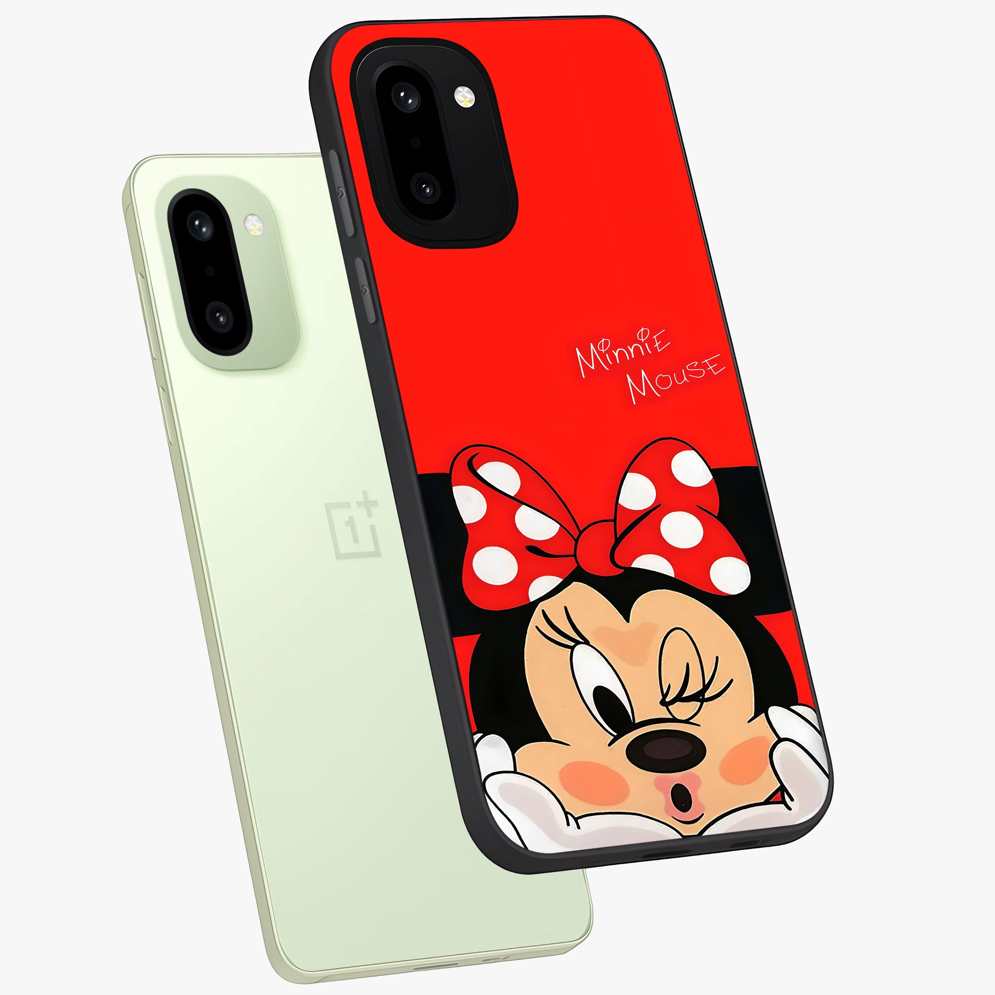 Cute Minnie Love Glass Case for 1+15R angled mockup showcasing glossy glass finish and vibrant character detailing
