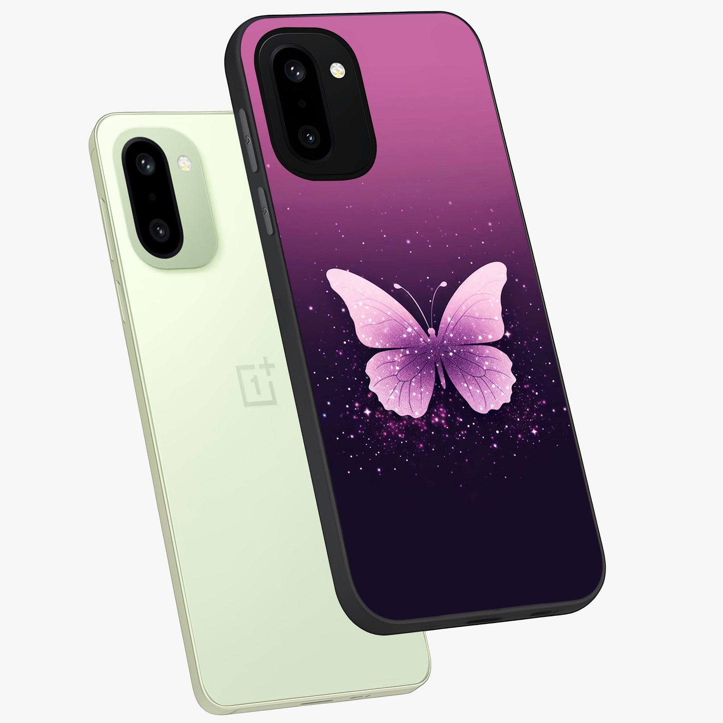 Cute Starry Butterfly Glass Case for 1+15R angled mockup showcasing glossy finish and celestial pastel tones