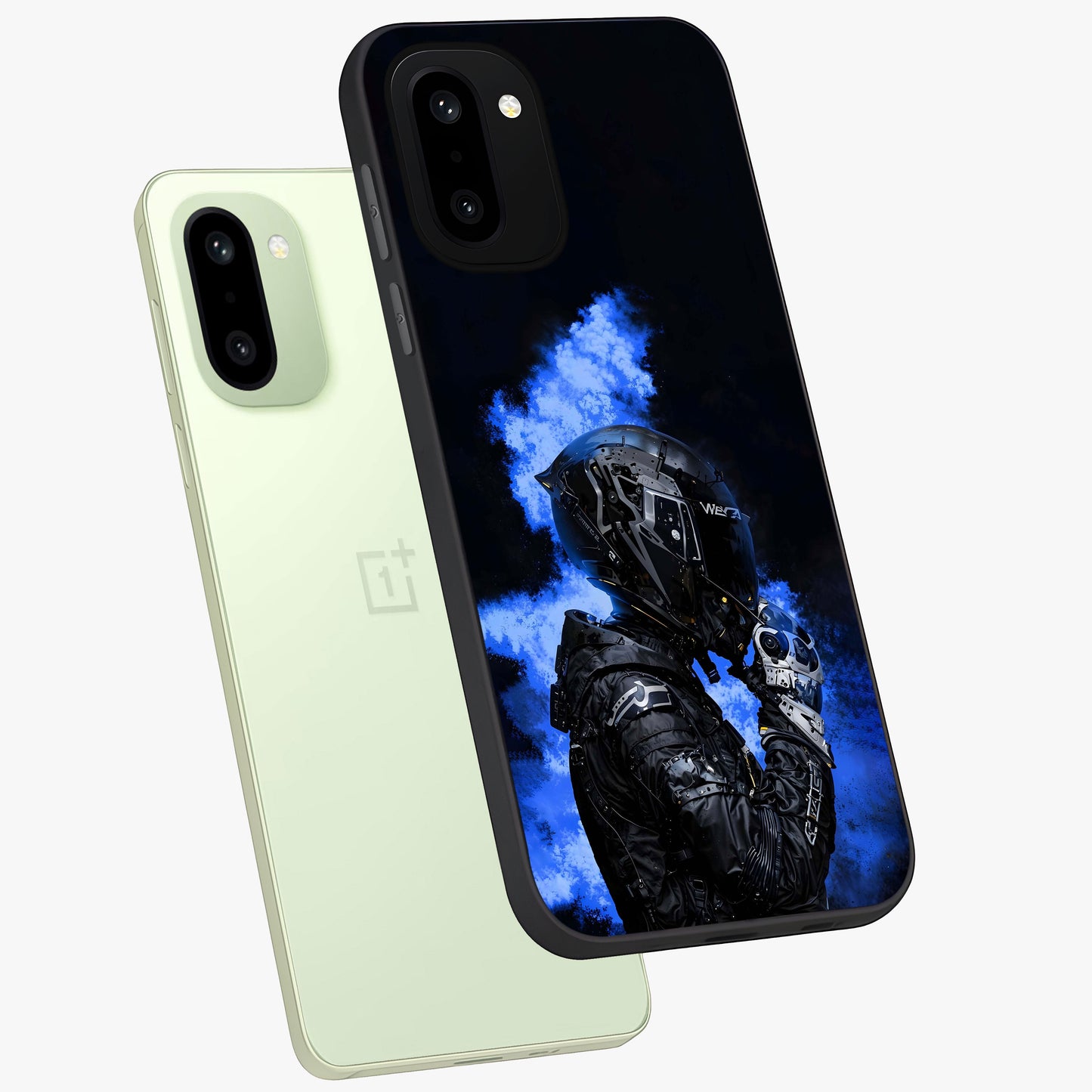 Cyber Sentinel Protocol Glass Case for 1+15R angled mockup showcasing glossy finish and high tech neon detailing