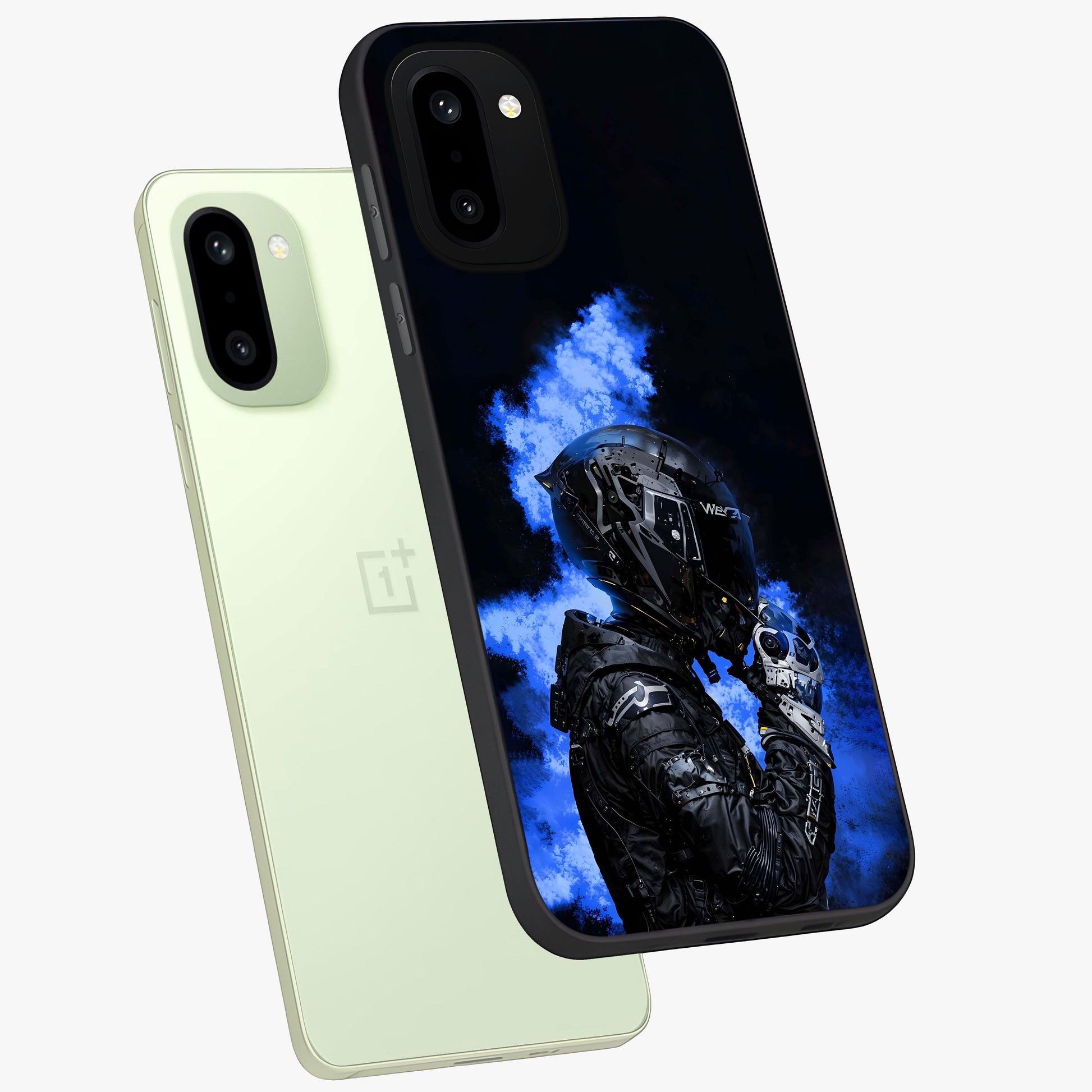 Cyber Sentinel Protocol Glass Case for 1+15R angled mockup showcasing glossy finish and high tech neon detailing