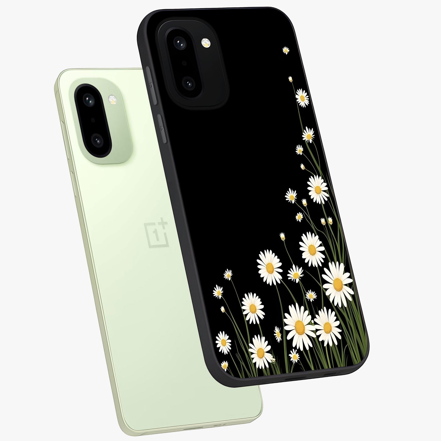 Daisy Cascade on Black Glass Case for 1+15R angled mockup showcasing glossy finish and bold floral contrast