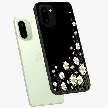 Daisy Cascade on Black Glass Case for 1+15R angled mockup showcasing glossy finish and bold floral contrast