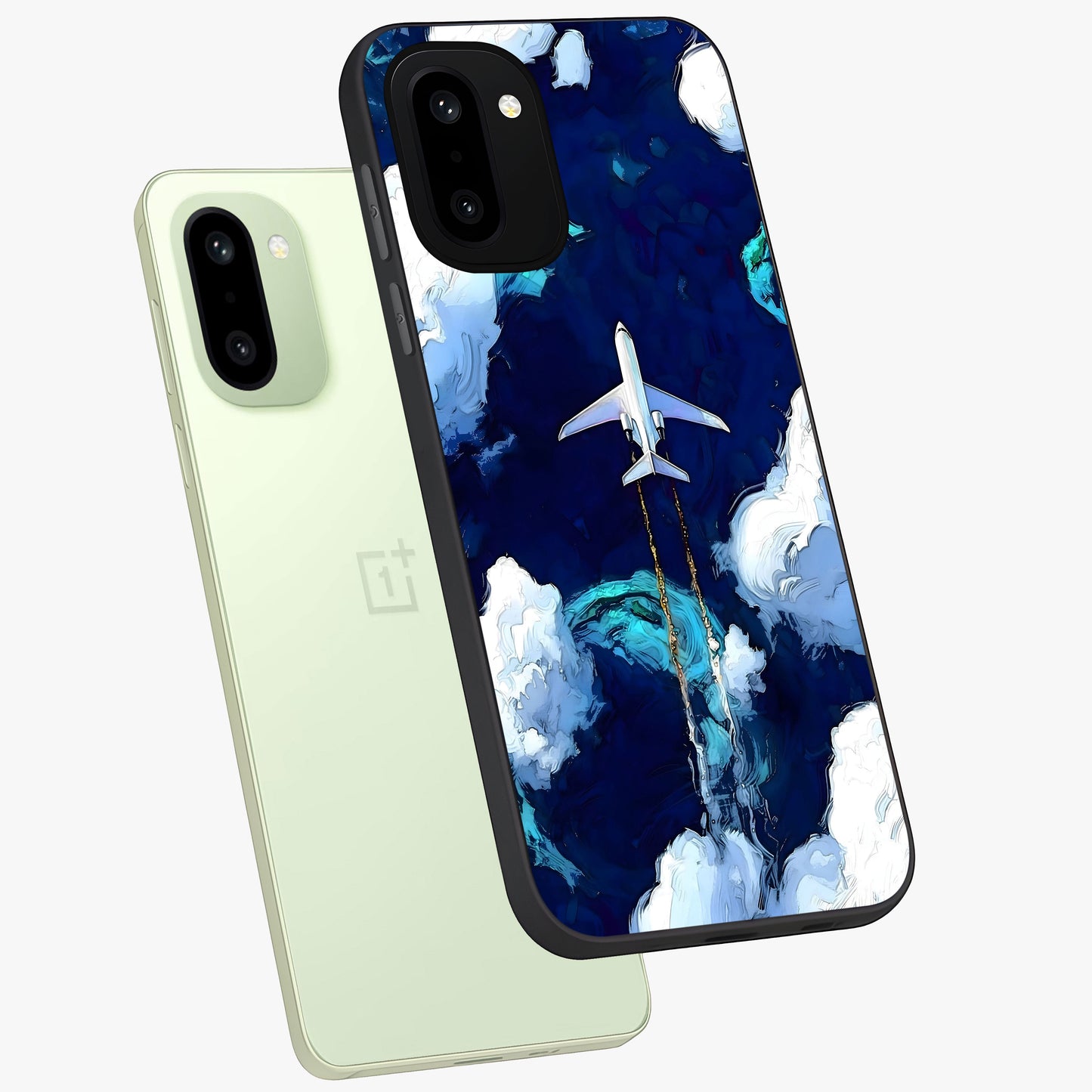 Dark Airplane Glass Case for 1+15R angled mockup showcasing glossy finish and dramatic sky tones