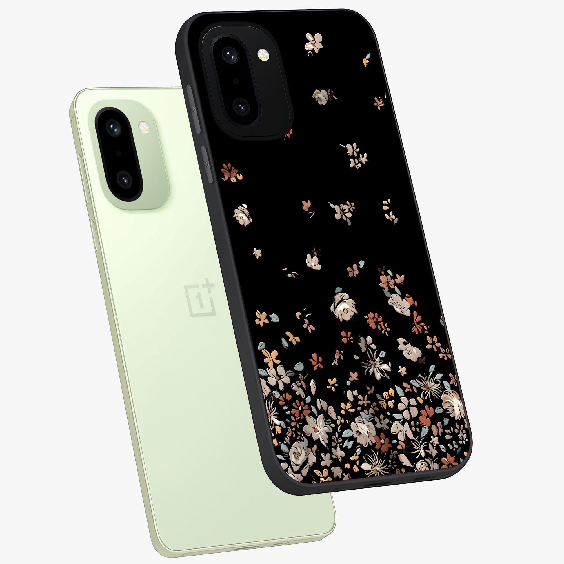 Dark Petal Aesthetic Glass Case for 1+15R angled mockup showcasing glossy finish and dramatic petal detailing