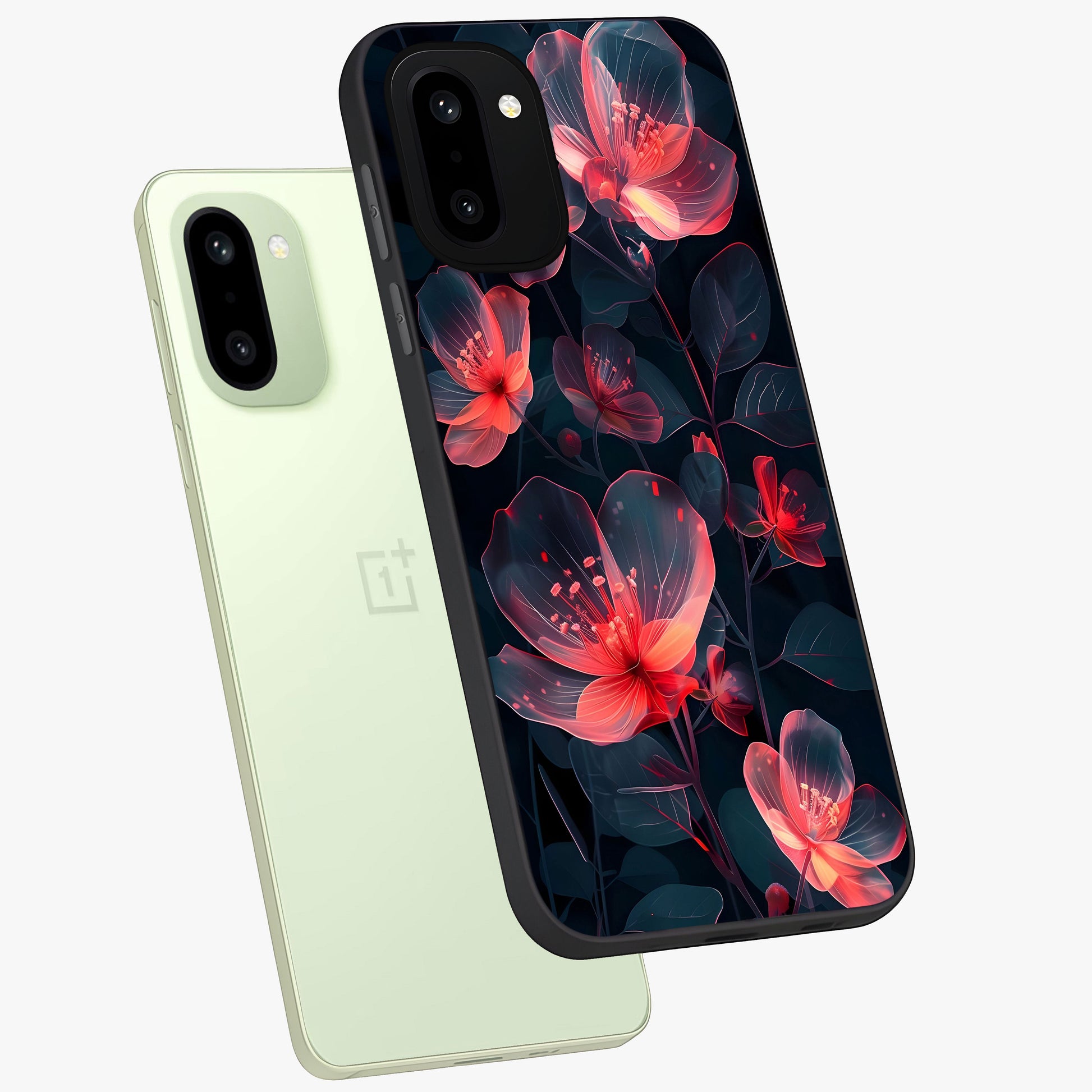 Dark Shade of Flower Glass Case for 1+15R angled mockup showcasing glossy finish and bold contrast detailing