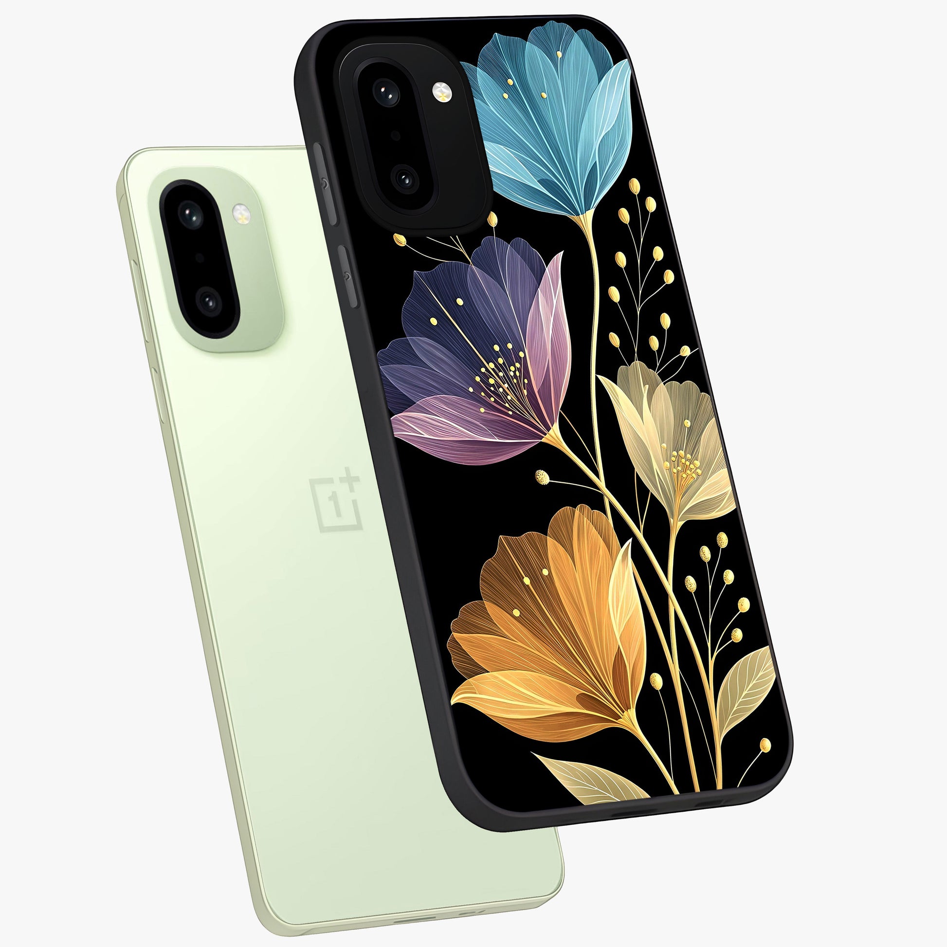 Delicate Multicolor Flowers Glass Case for 1+15R angled mockup showcasing glossy finish and pastel bloom detailing