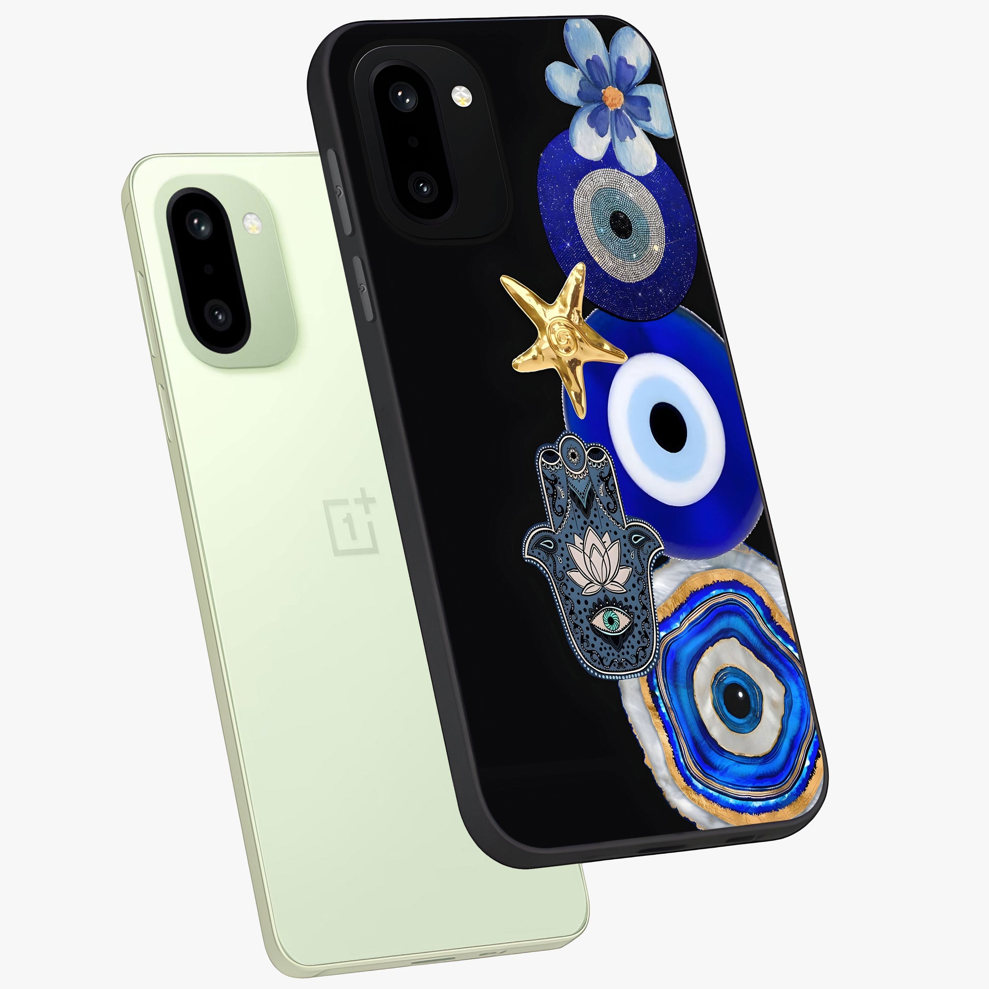 Divine Eye Bloom Glass Case for 1+15R angled mockup showcasing glossy finish and vibrant protective detailing