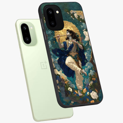 Divine Krishna Art Glass Case for 1+15R angled mockup showcasing glossy finish and vibrant spiritual tones
