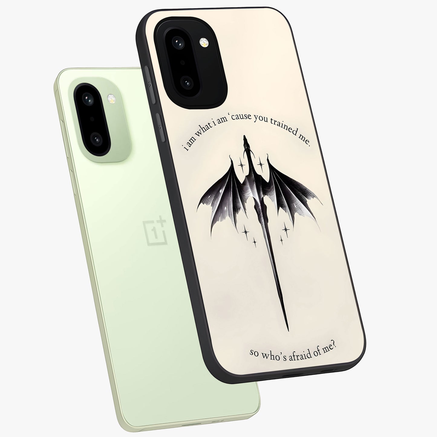 Dragon Quote Art Glass Case for 1+15R angled mockup showcasing glossy finish and powerful fantasy detailing